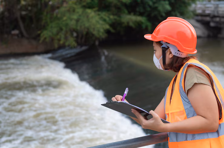 Ingeniera analizando muestras de agua en planta de tratamiento — estudio hidrológico CIMTRA Monterrey