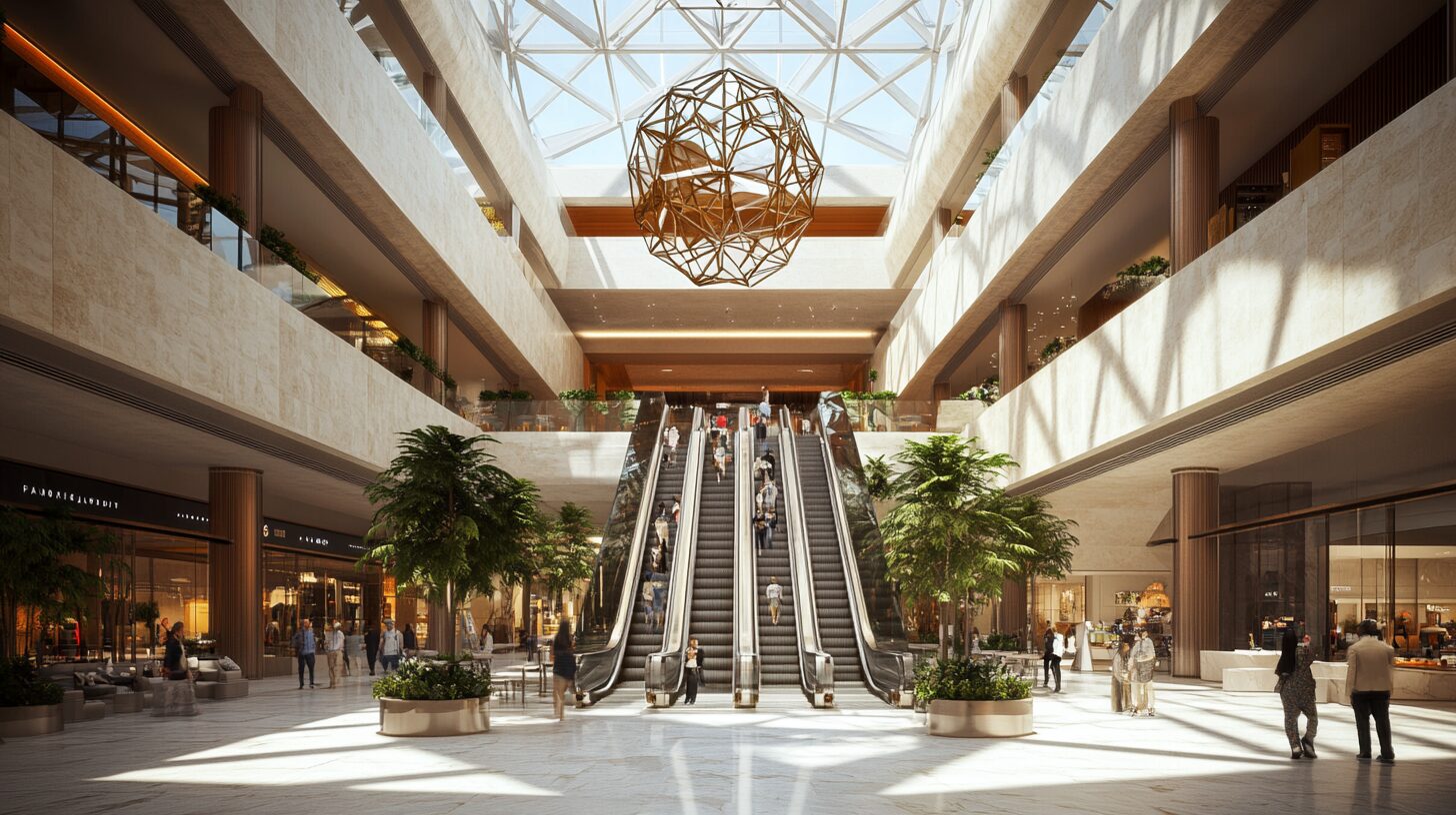 Atrio interior de plaza comercial CIMTRA en Escobedo