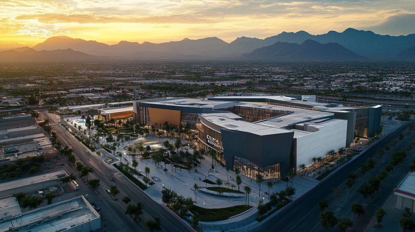 Render fachada de plaza comercial CIMTRA con anclas y estacionamiento