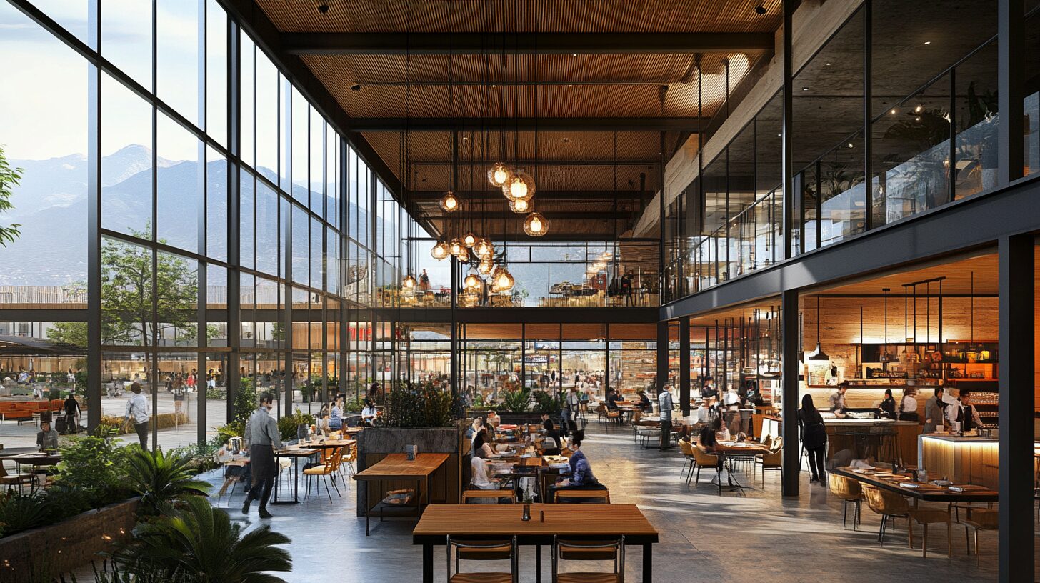 Food court con asientos y locales gastronómicos en plaza comercial CIMTRA