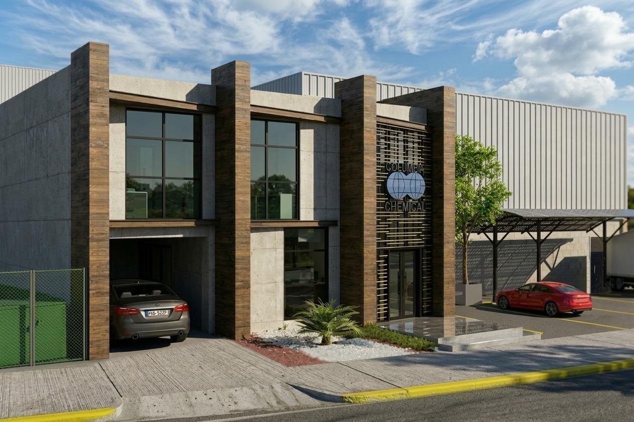 Render de recepción y sala de reuniones Columbia Chemical