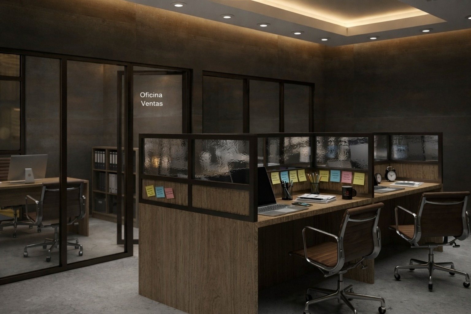 Render de sala de juntas con logo Columbia Chemical — proyecto ejecutivo CIMTRA