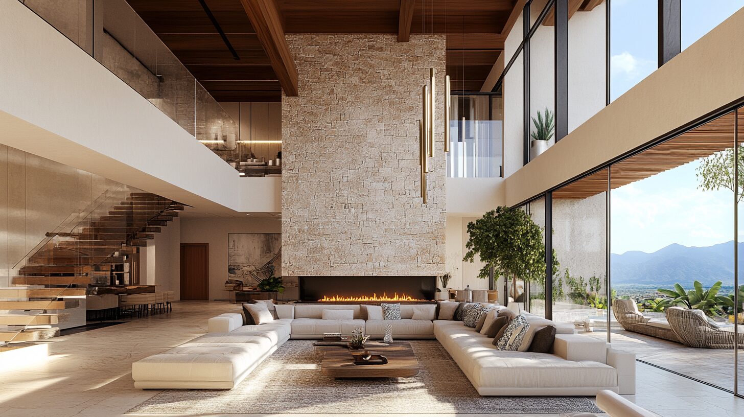 Render interior residencial con detalles arquitectónicos en Escobedo